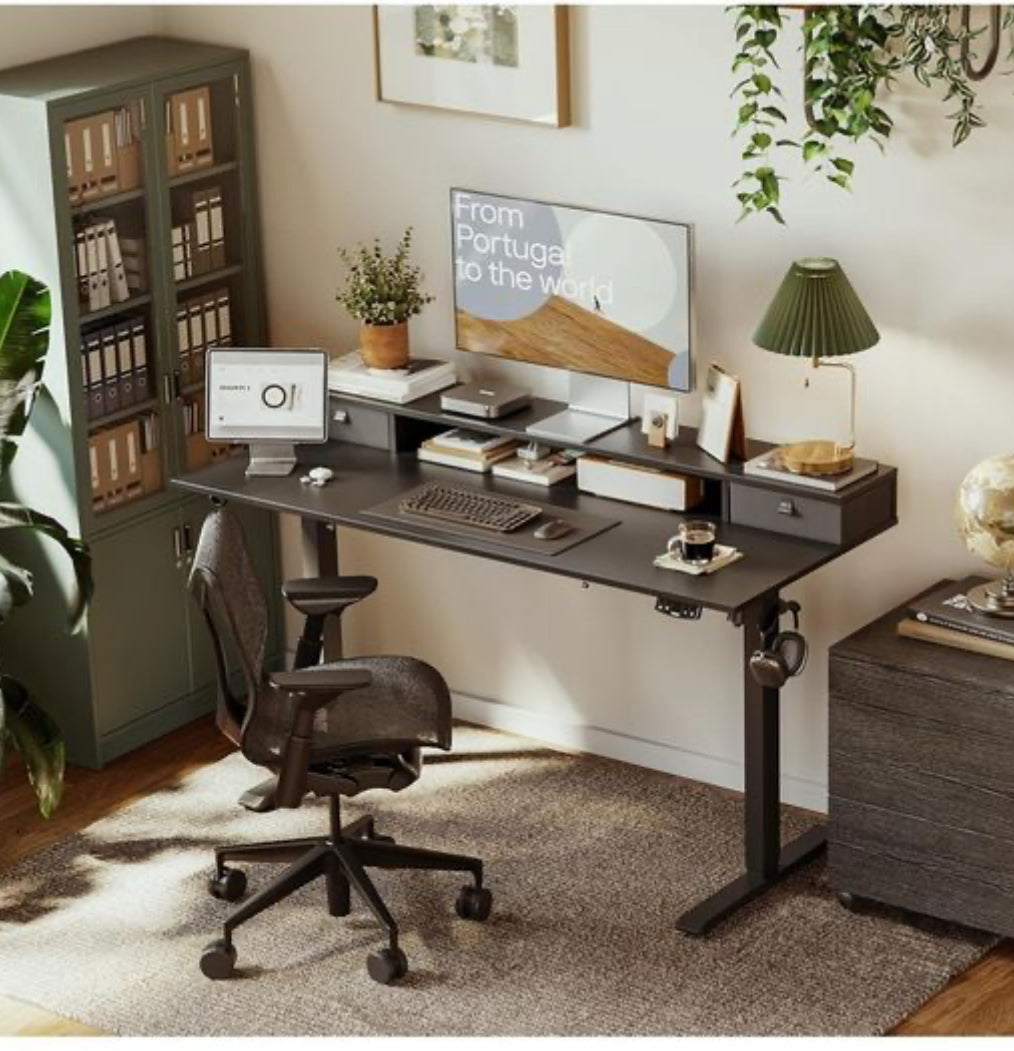 Height Adjustable Desk with Two Drawers, 120 x 60 cm Electric Computer Desks with Memory Function
