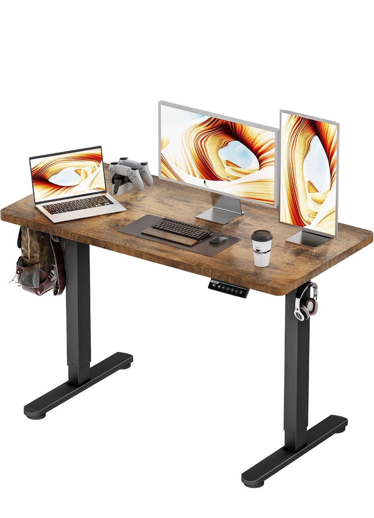 Electric Standing Desk 120x60cm Gaming Desk 3 Memory with Splice Board, 70–115cm Lift, 2 Hooks, 80kg Load, Computer Workstation, Rustic Brown
