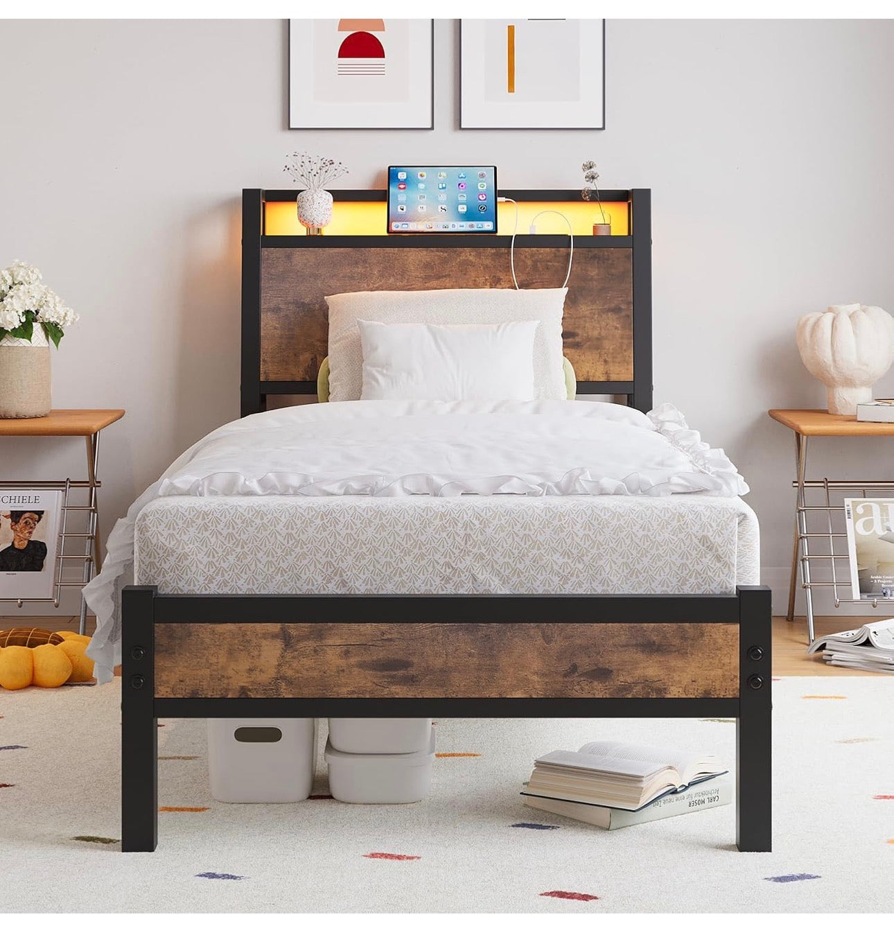3ft Single Bed Frame with Charging Station and LED Lights, Wood Headboard with Storage Shelves, Heavy Duty Metal Slats, No Box Spring Needed, Noise Free, Easy Assembly,Black