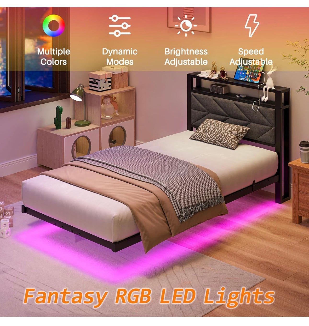 3ft Floating Single Bed Frame Upholstered Platform Bed with Storage Shelf Headboard,Charging Station/LED Lights,Metal Slat Support/Noise Free,No Box Spring Needed,90x190 Single Size,Black