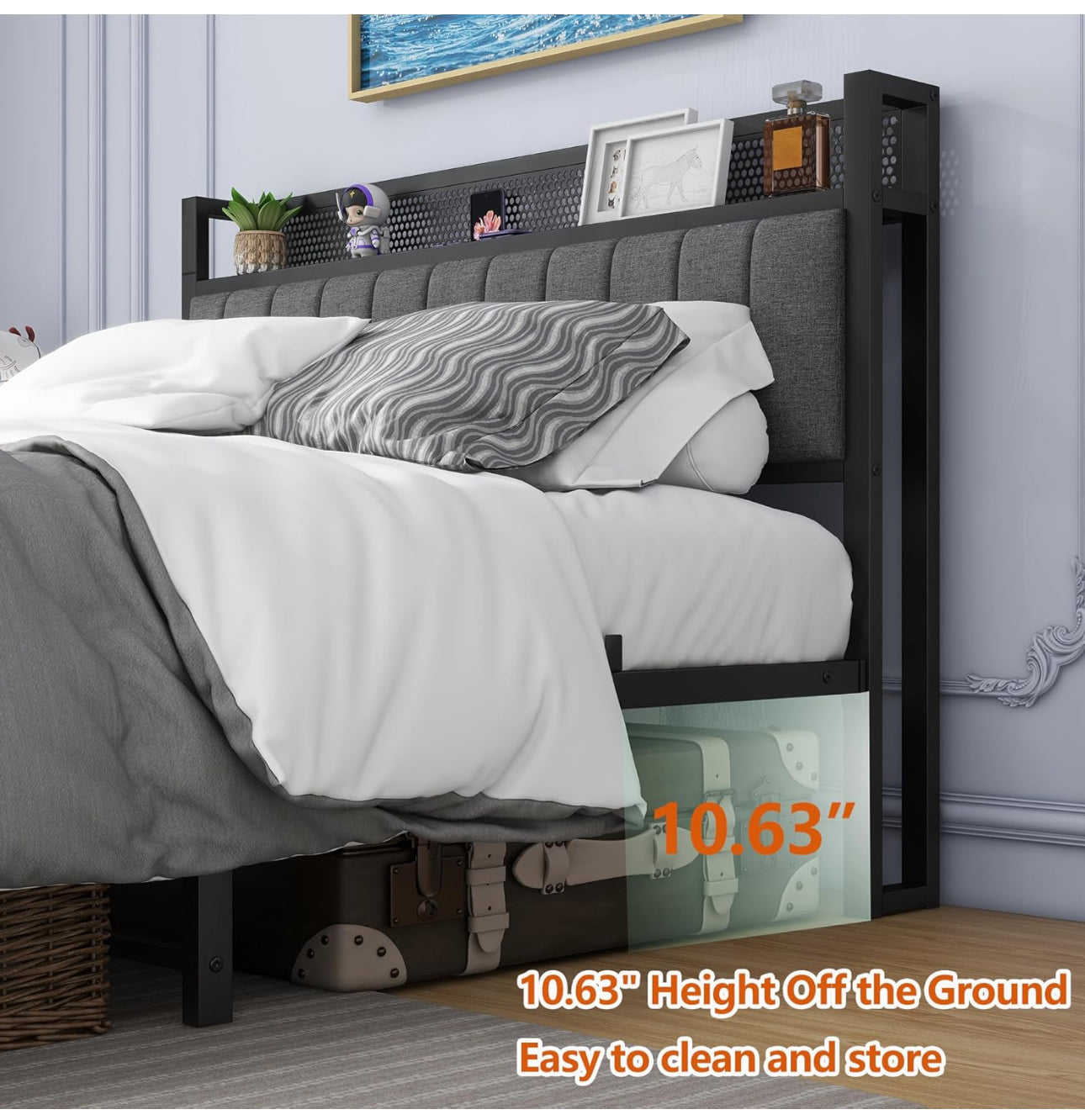 Double Bed Frame with Wooden Storage Headboard Shelf