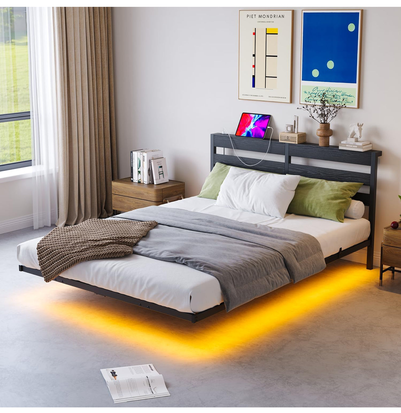 4ft6 Double Floating Bed Frame with LED Lights & USB Charging Station