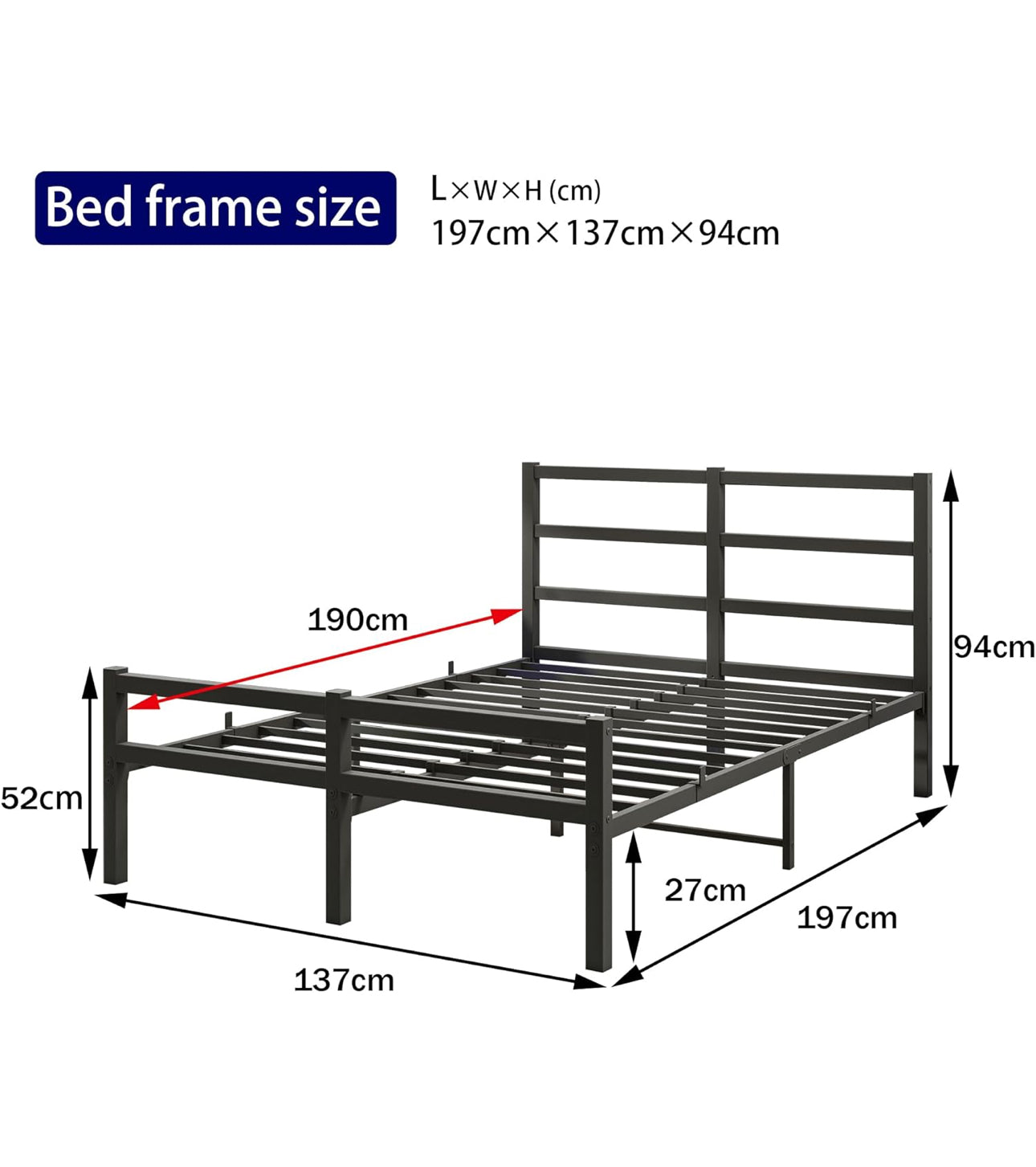 Double Bed Frame with Headboard Metal Platform Heavy Duty Steel Support