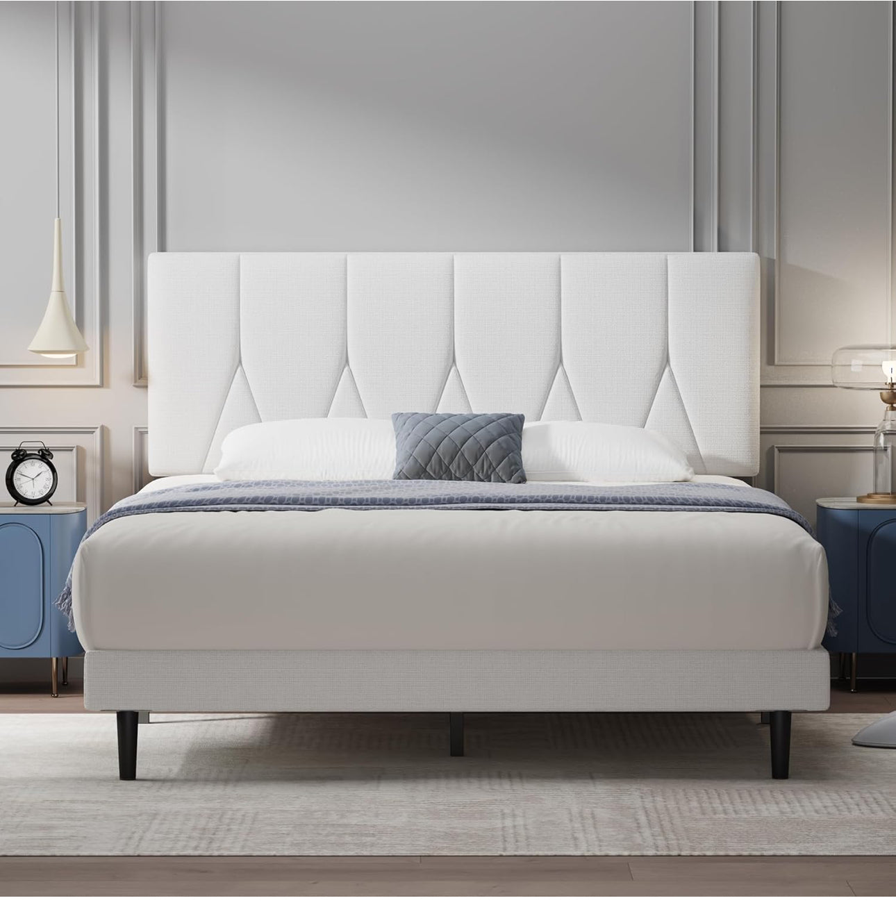 King Bed Frame, White, Upholstered Wooden Slat