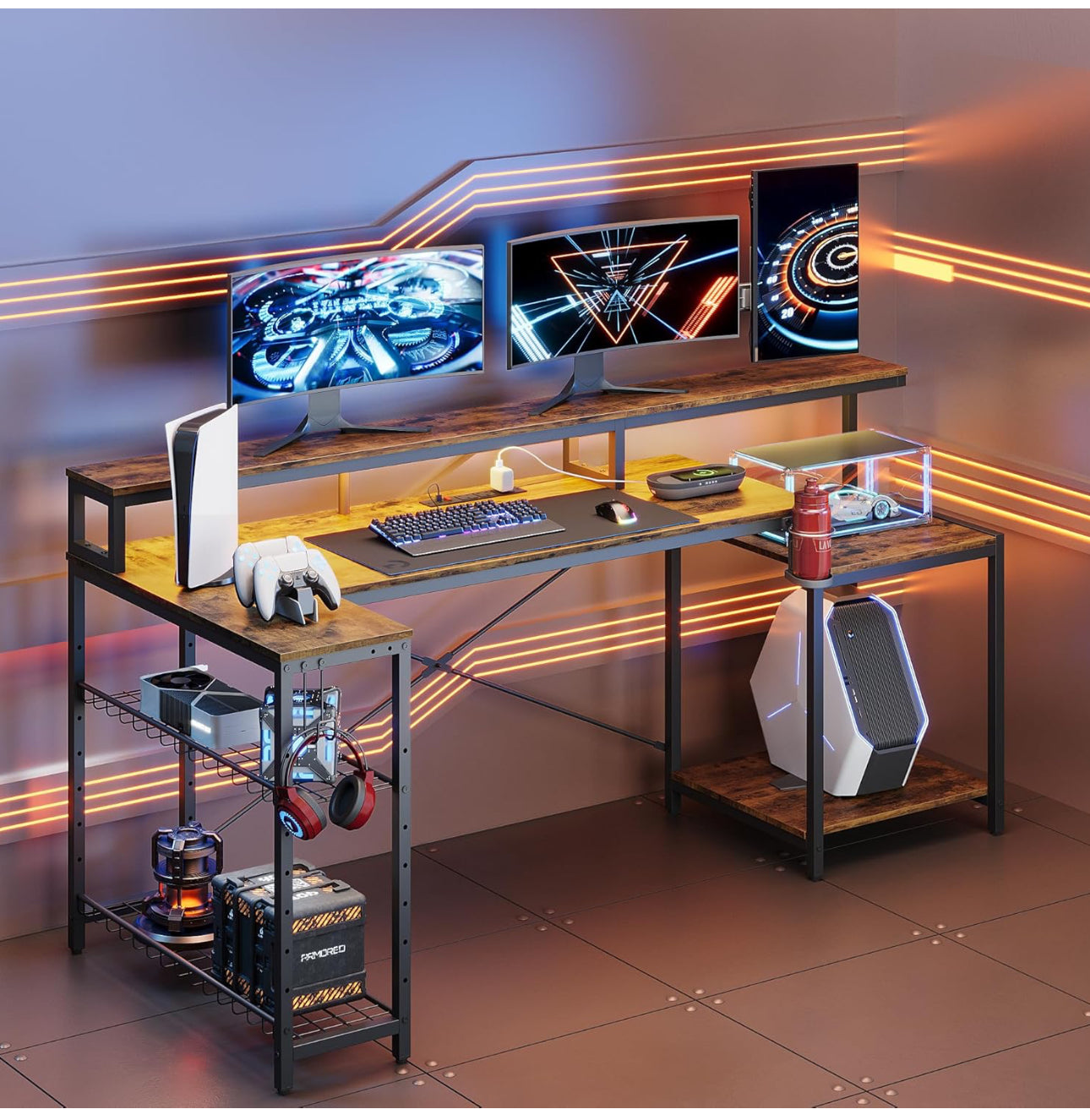 181CM L Shaped Corner Desk with Power Outlets LED Lights Gaming Desk