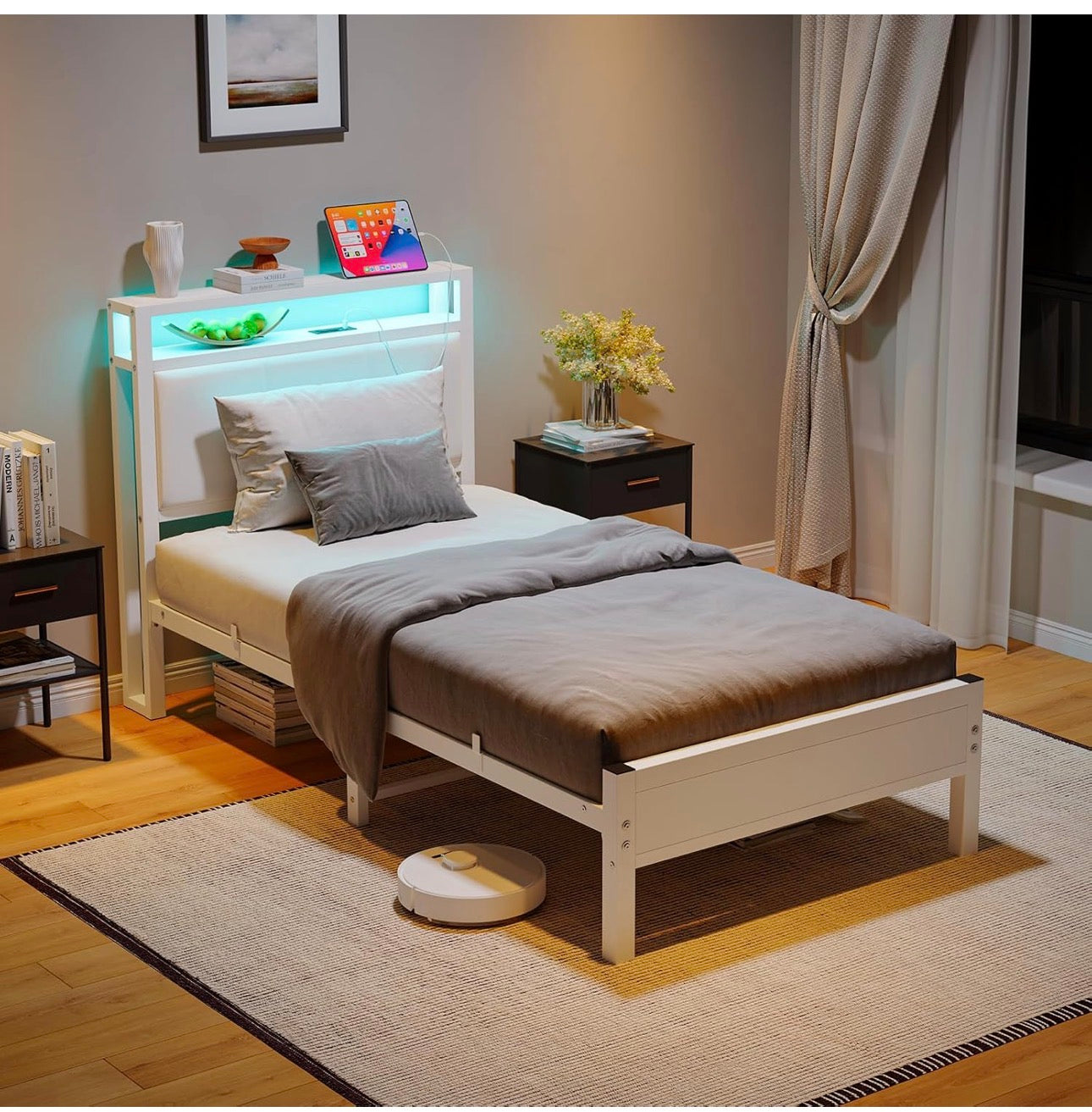 3FT Single Bed Frame with LED Lights and Charging