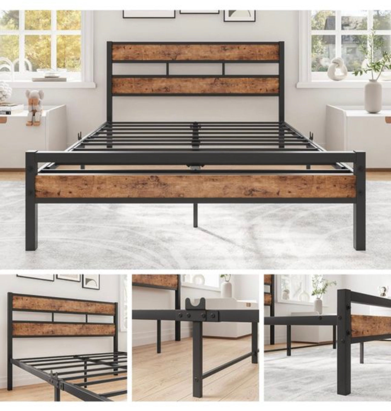 Double Bed Frame with Wood Headboard