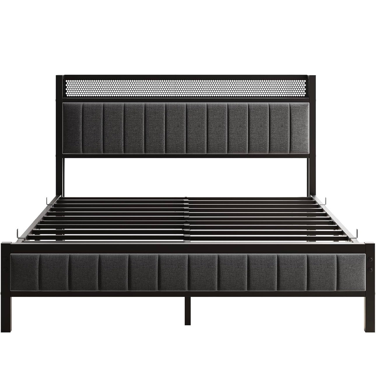 King Size Bed Frame with Storage Upholstered Headboard Shelf,5ft