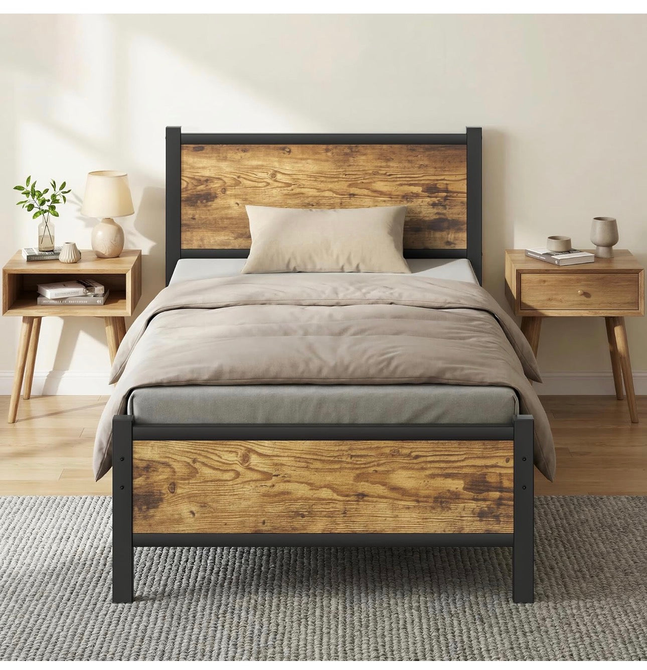 Single Bed Frame with Wooden Headboard