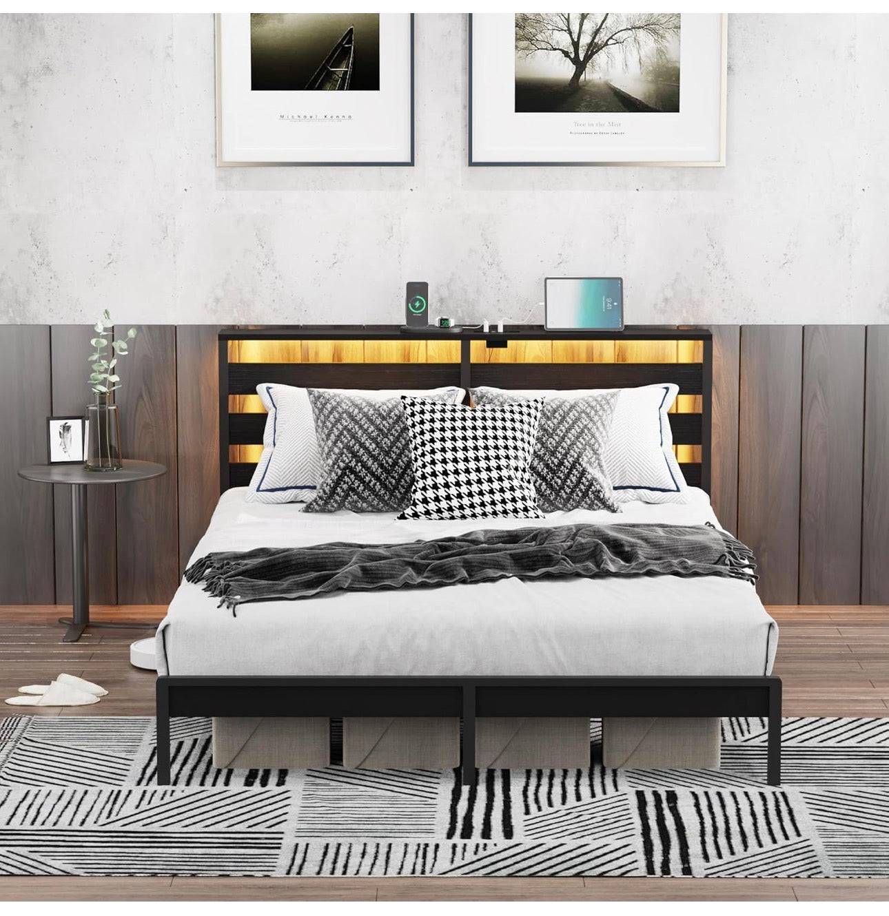 5ft King Bed Frame with Charging Station and LED Lights, Heavy Duty Metal Platform King 150x200 cm Bed Frame with Wood Storage Headboard, No Box Spring Needed, Noise Free, Black