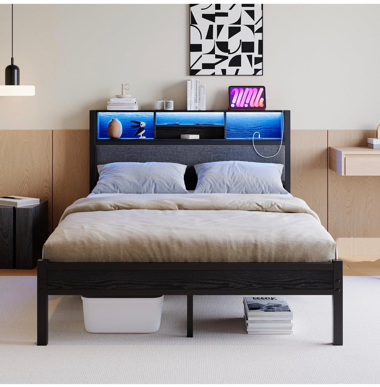 4ft6 Double Size Bed Frame with Storage Shelf Upholstered Headboard