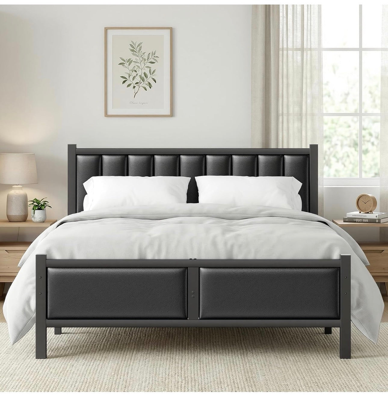 Double Bed Frame with Upholstered Headboard, 4ft6 Metal Beds with Heavy Duty Steel Slats Support Platform, Black Double Bed with Storage, Noise Free, Easy Assembly, No Box Spring Needed