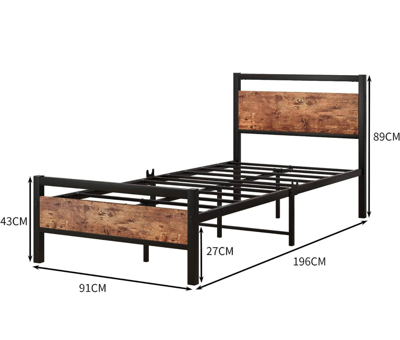 Black Metal Bed Frame Single with Wood Headboard,