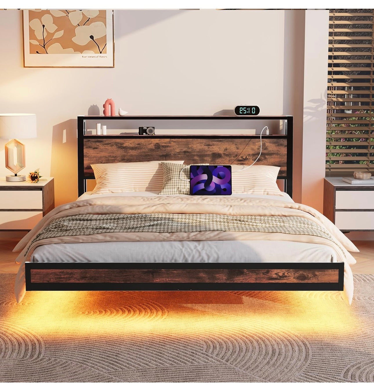 Floating Bed Frame King Size, Black | Charging Station, LED Lights, Wood Headboard with Storage Shelves, Heavy Duty Metal Slats, No Box Spring Needed