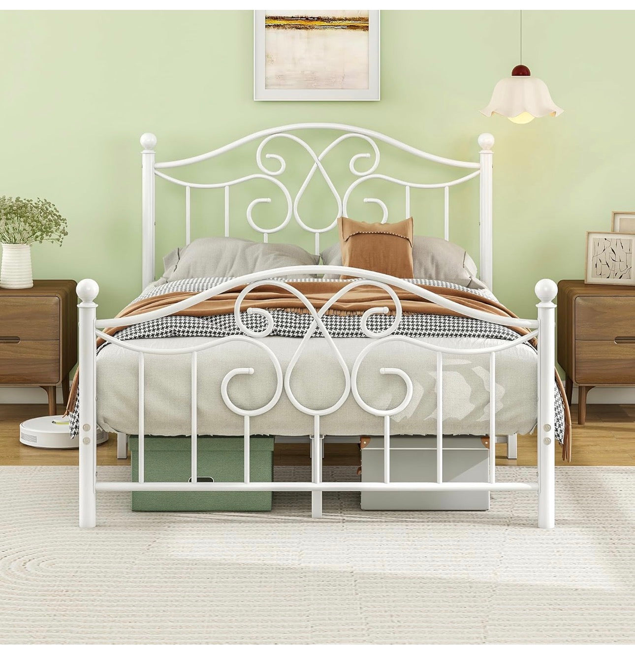 4ft6 Double Bed Frame with Headboard and Footboard Metal Bed Frame Double Mattress Foundation No Box Spring Needed/Easy Assembly/Bedstead Base/White