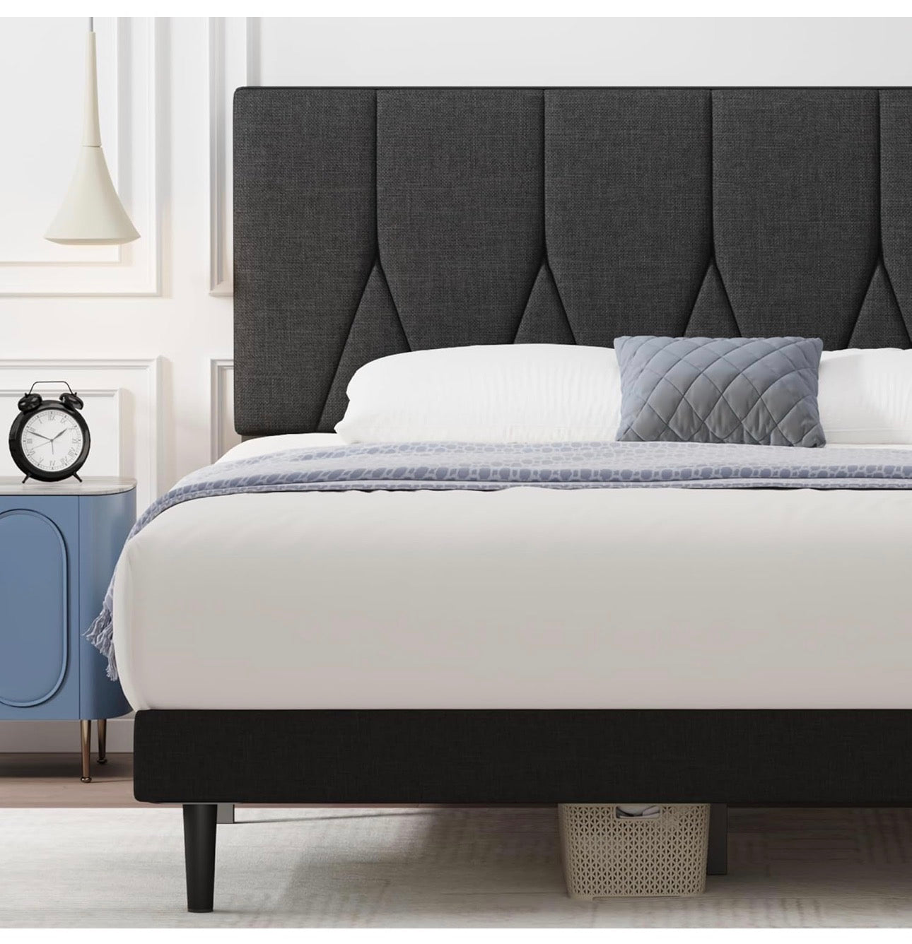 King Bed Frame, Black, Upholstered Wooden Slat Bed Frame with Headboard, Easy Assembly, Underbed Storage, No Box Spring Needed 150×200