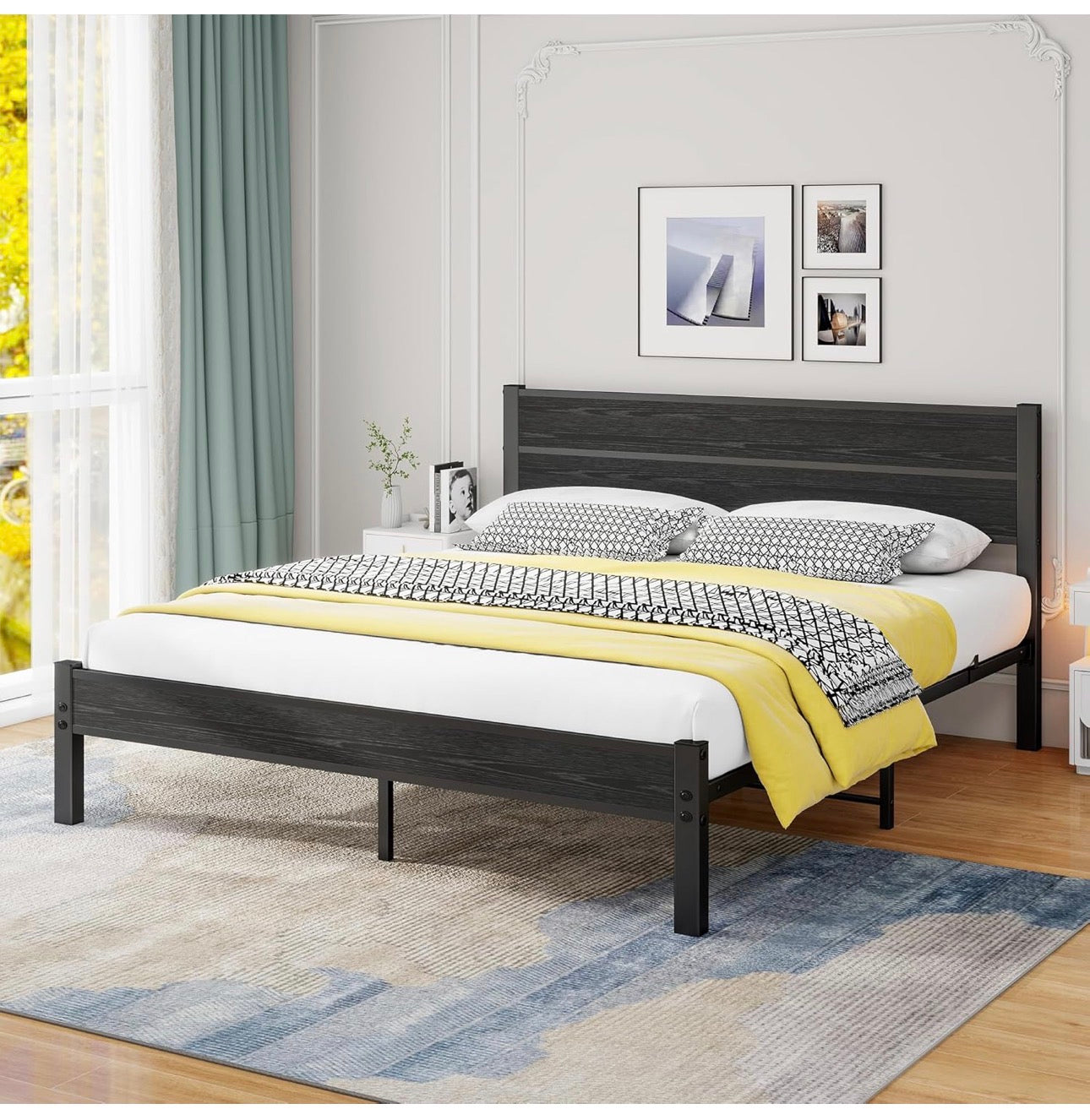 King Size Bed Frame with Wooden Headboard
