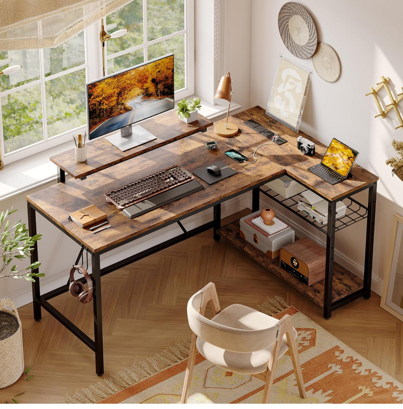 L Shaped Desk with Power Outlets & LED Lights