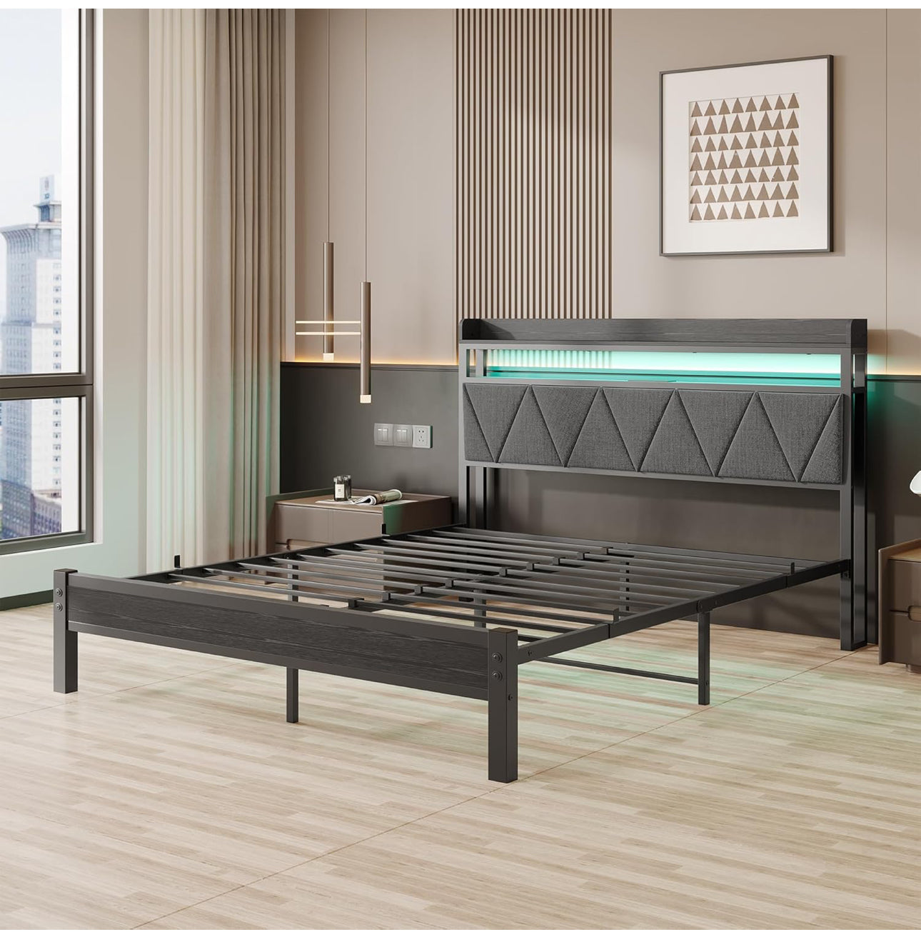 King Bed Frames with 5ft Upholstered Wooden Two-shelf Storage Headboard, Charging Station,LED Lights