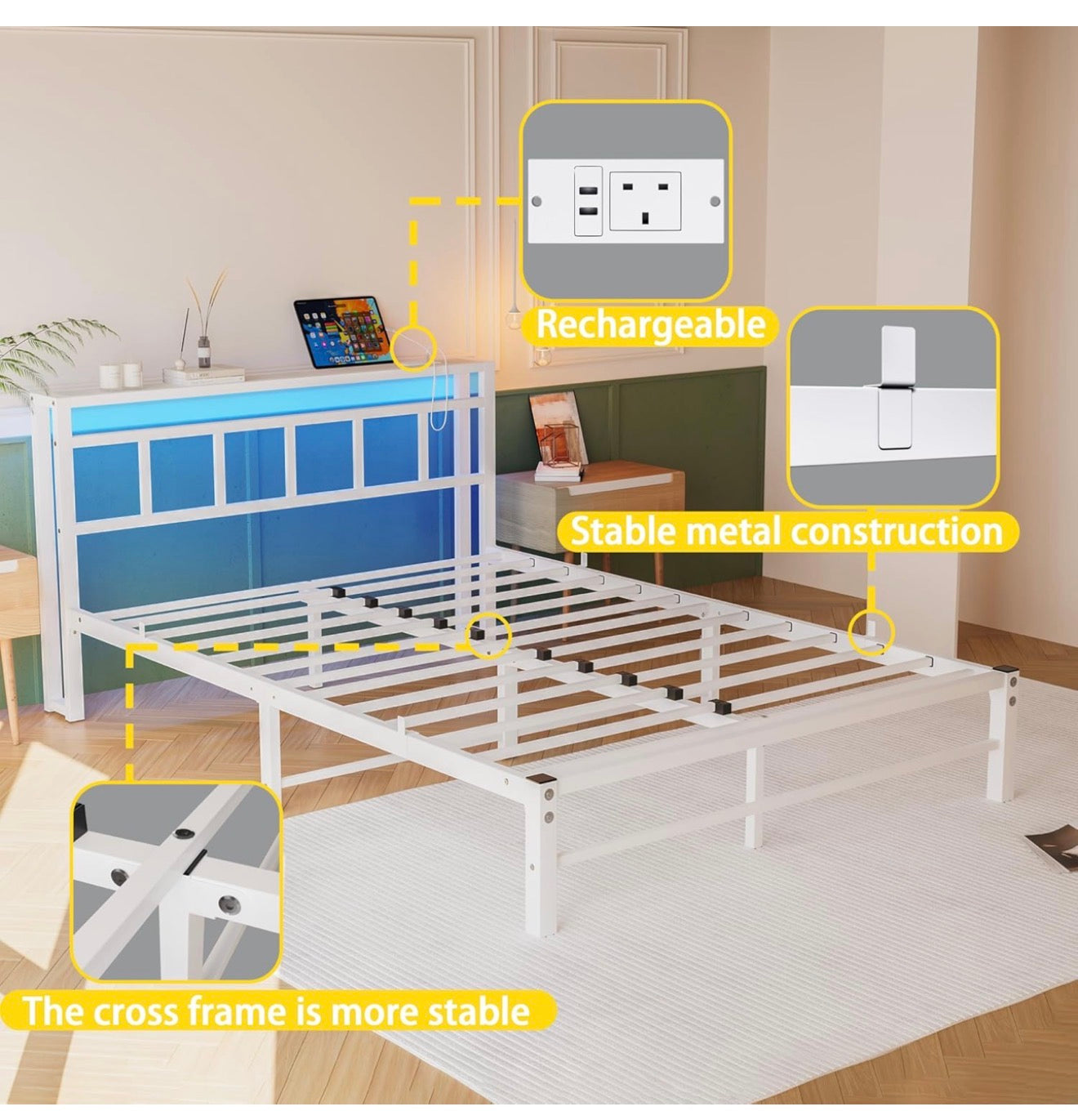 Double Bed Frame with Storage Headboard,4ft6 Bed Frame Double Bed Base with Charging Station and LED Lights