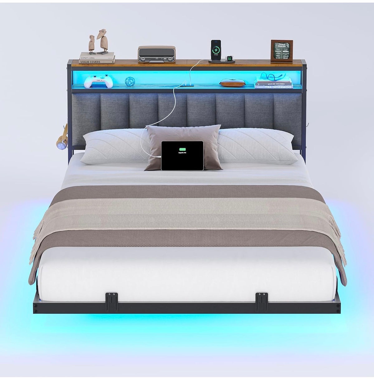 Double Bed Frame 135x190 cm with Floating Visual Effect, 4ft6 Metal Bed Frame with Adjustable LED Lighting and Charging Station, Double Bed with Headboard, Dark Grey (Mattress Not Included)