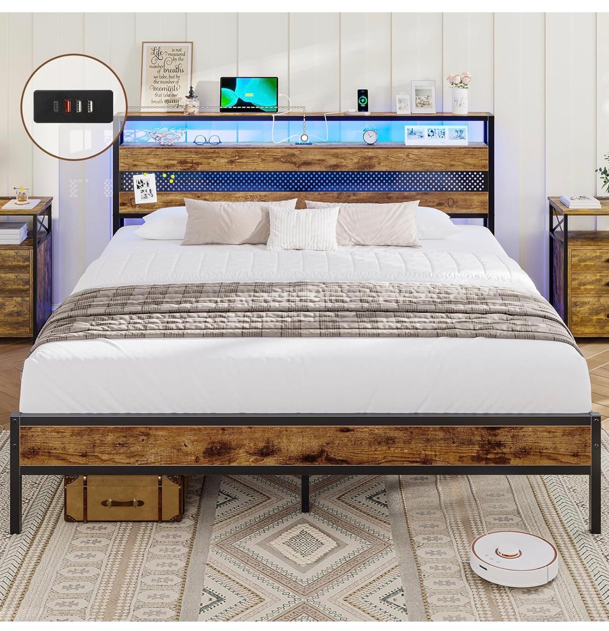 4ft6 Double Bed Frame with Wooden Headboard, Metal Platform Bed Frame with LED Lights and Charging Station,Sturdy Metal Slats Support, UnderBed Storage,Easy Assemble,No Mattress (Double-135x190cm)