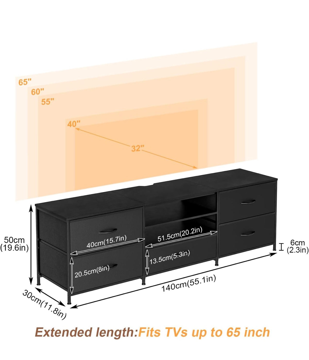 TV Stand Cabinet, TV Unit with 5 Drawers, 140 cm, All Black
TV Console Table with Storage Organizers, Entertainment Center with Open Shelf for Living Room, Bedroom