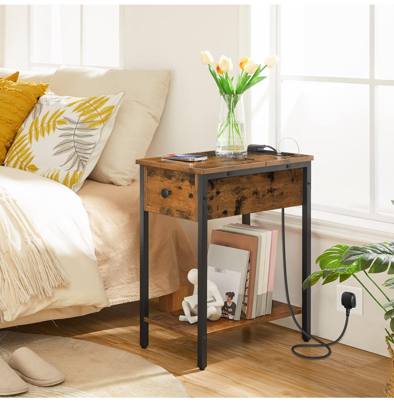 Narrow Side Table, Slim Bedside Table with Charging Station