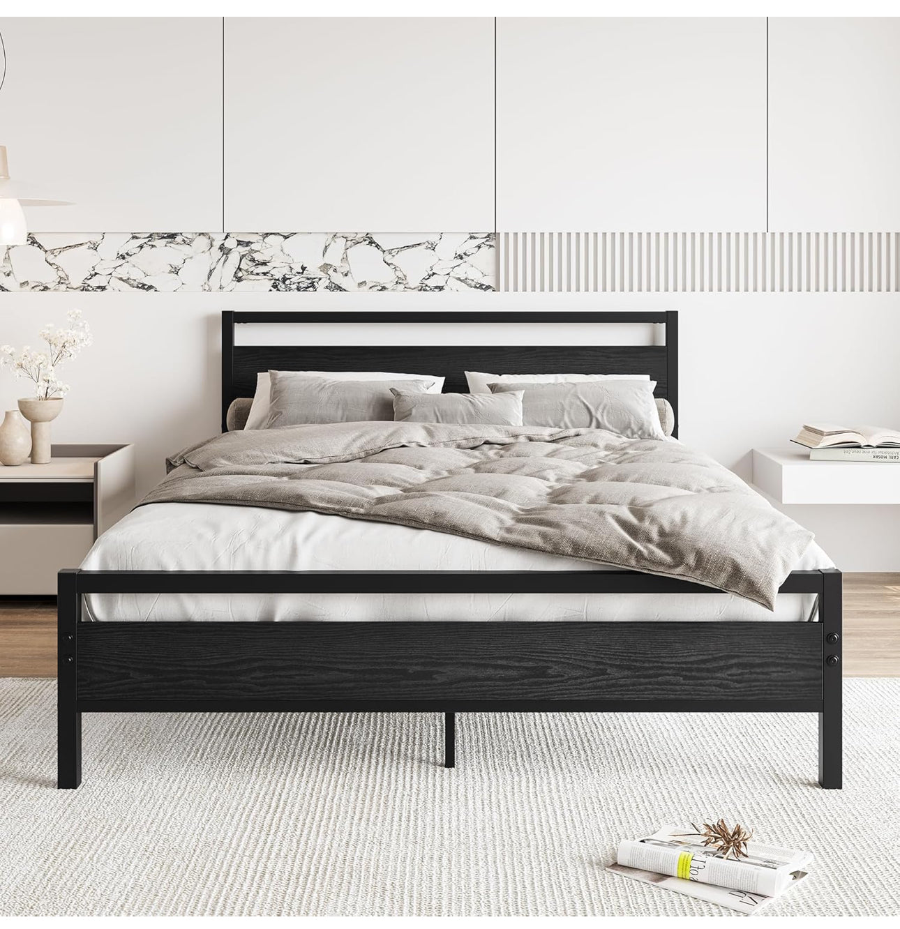 King Size Bed Frame with Wood Headboard,Heavy Duty Metal Platform