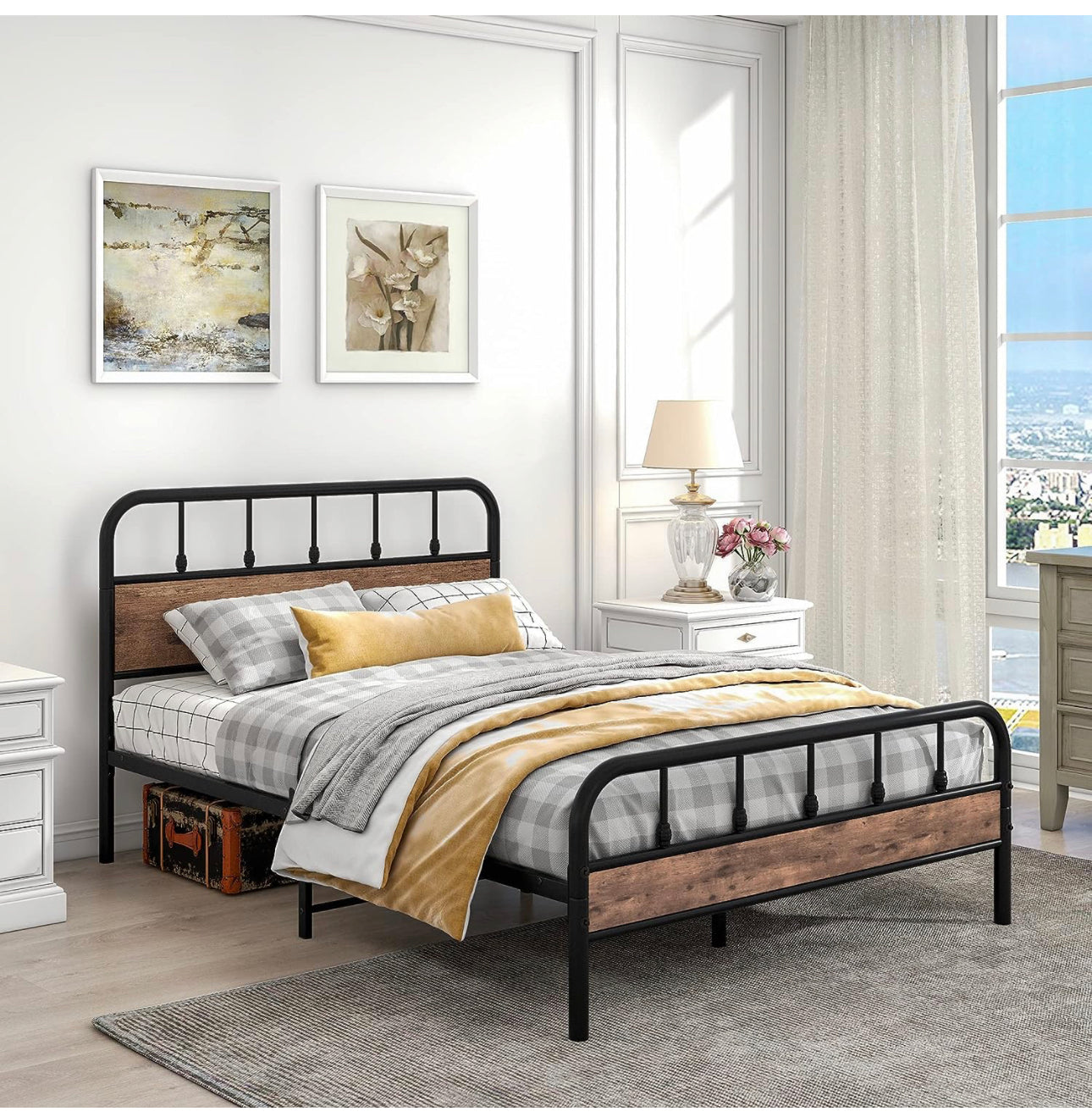 Double Size Metal Bed Frame with Wood Headboard