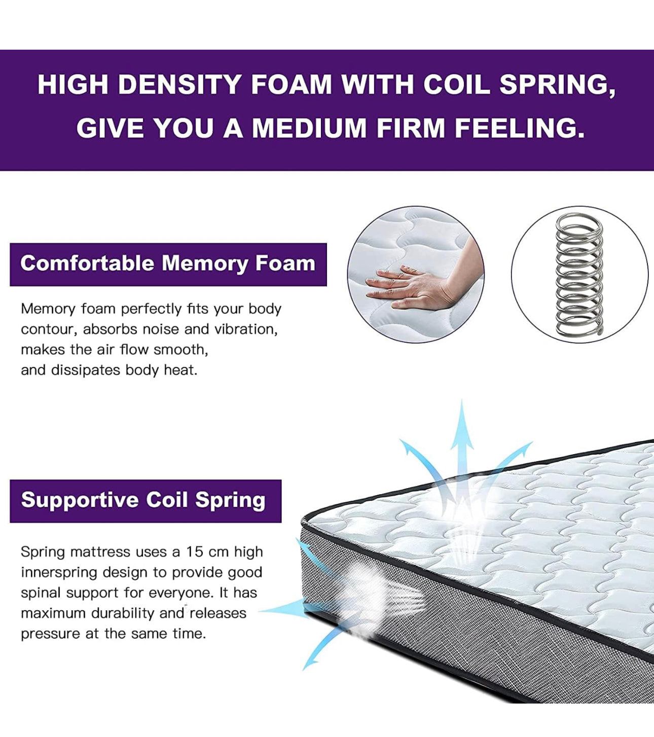 4FT6 Memory Foam Spring Hybrid Mattress Breathable