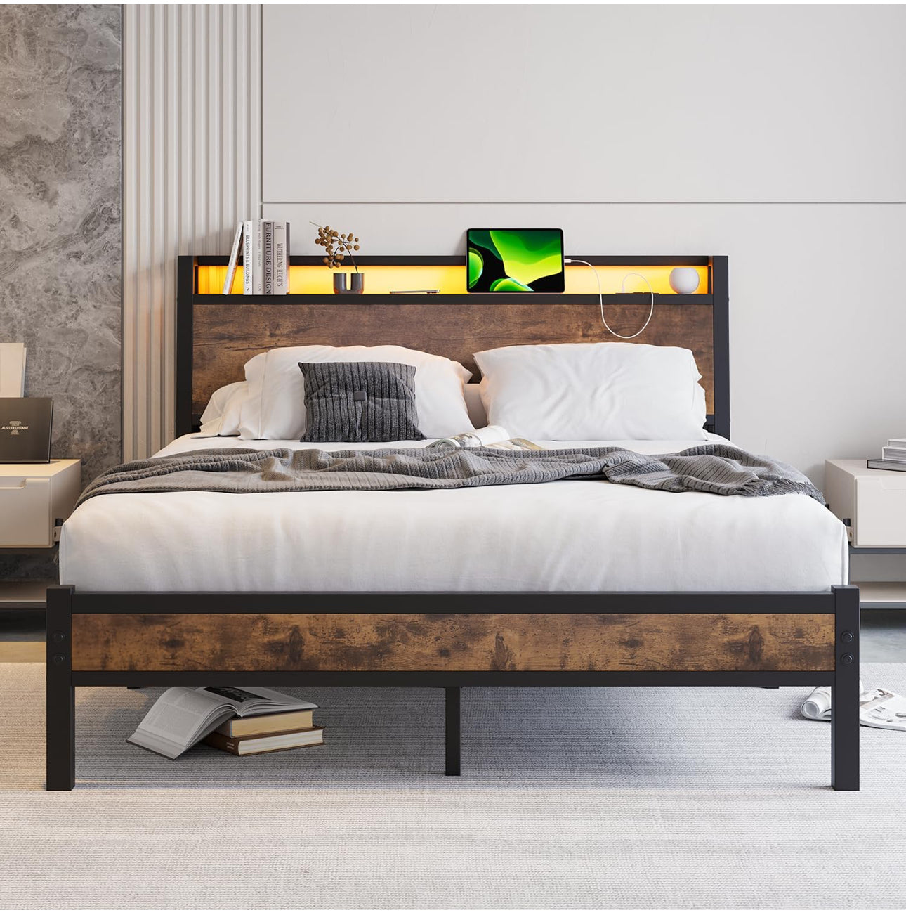 King Size Bed Frame with Charging Station and LED Lights