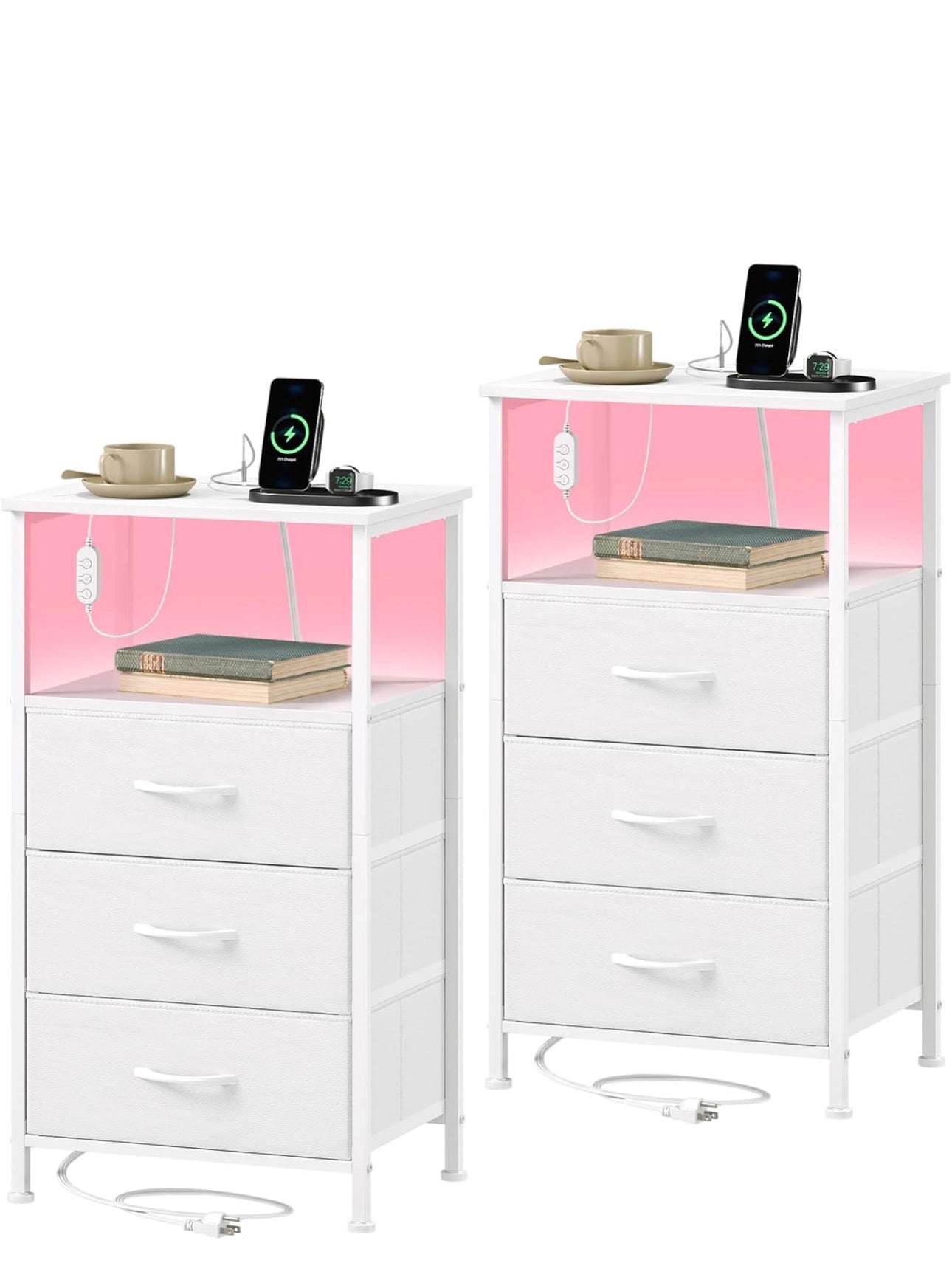 3 Drawers Chest of Drawers for Bedroom with Charging Station and LED Light, Bedside Table with 2 Outlets and 2 USB Ports, Bed Side Table Cabinet for Dorm Kids Room Closet, White Leather