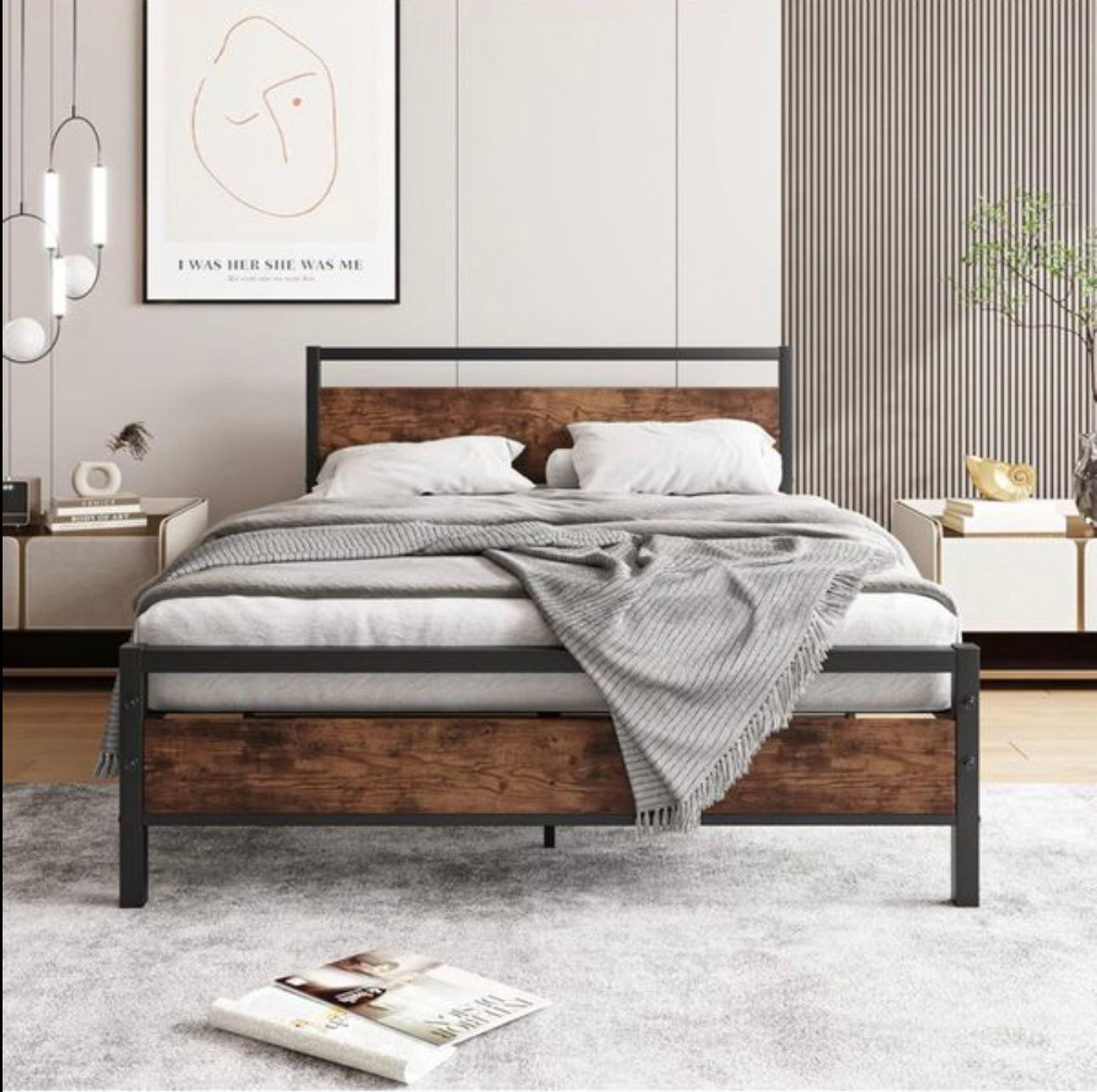 Double Bed Frame with Wooden Headboard