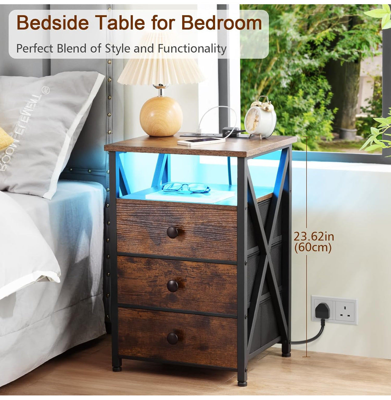 Bedside Table Set of 2 with Charging Station, Side Table with Led Lights
