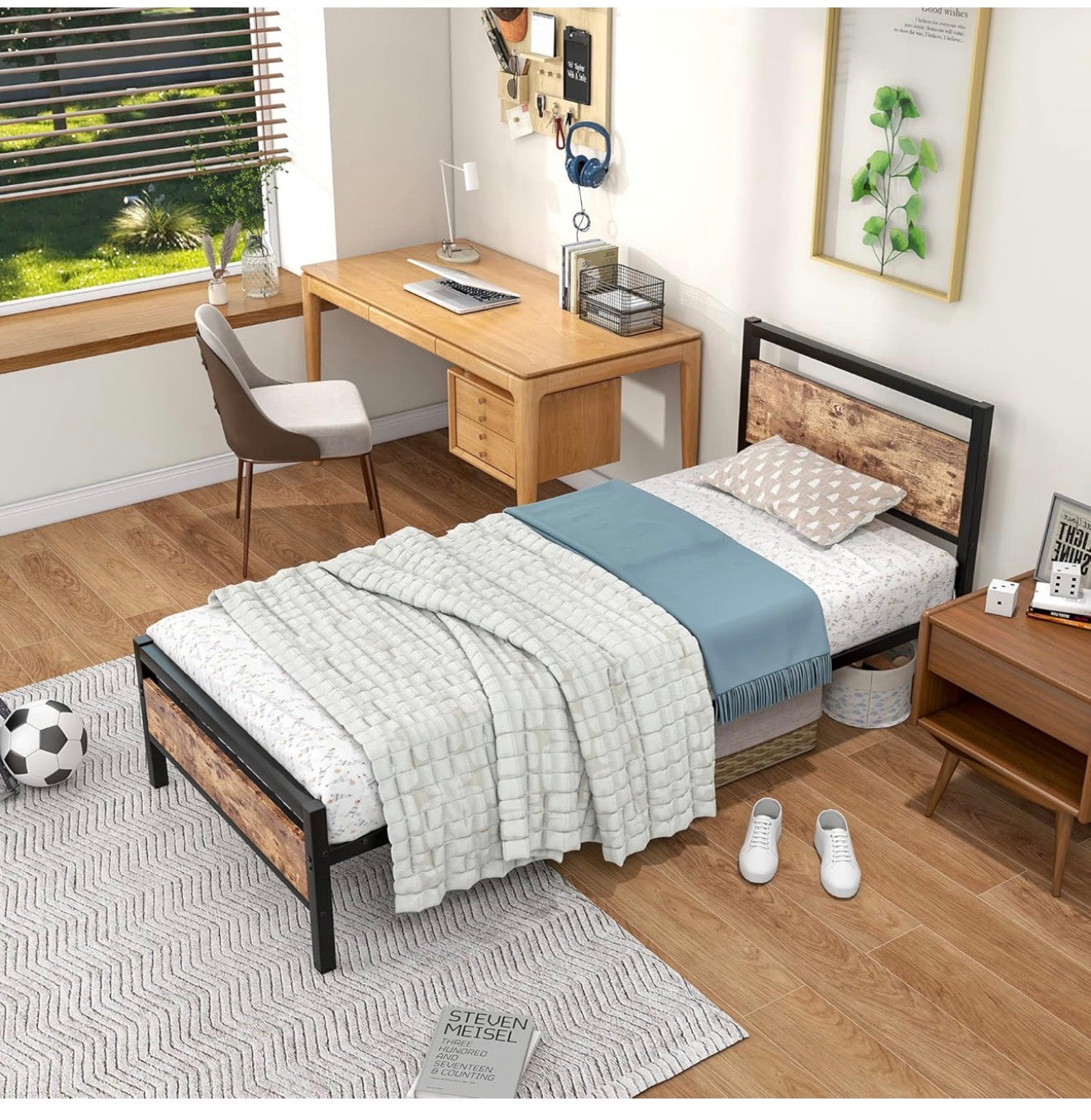 Metal Platform Bed Frame 3 FT Single with Wooden Headboard and Footboard Heavy Duty Steel Support, No Box Spring Needed, Easy Assembly, Black