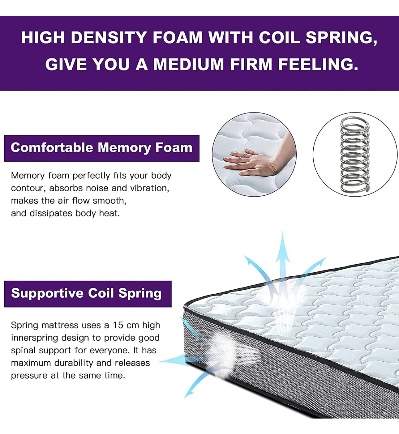 5FT Memory Foam Spring Hybrid Mattress Breathable