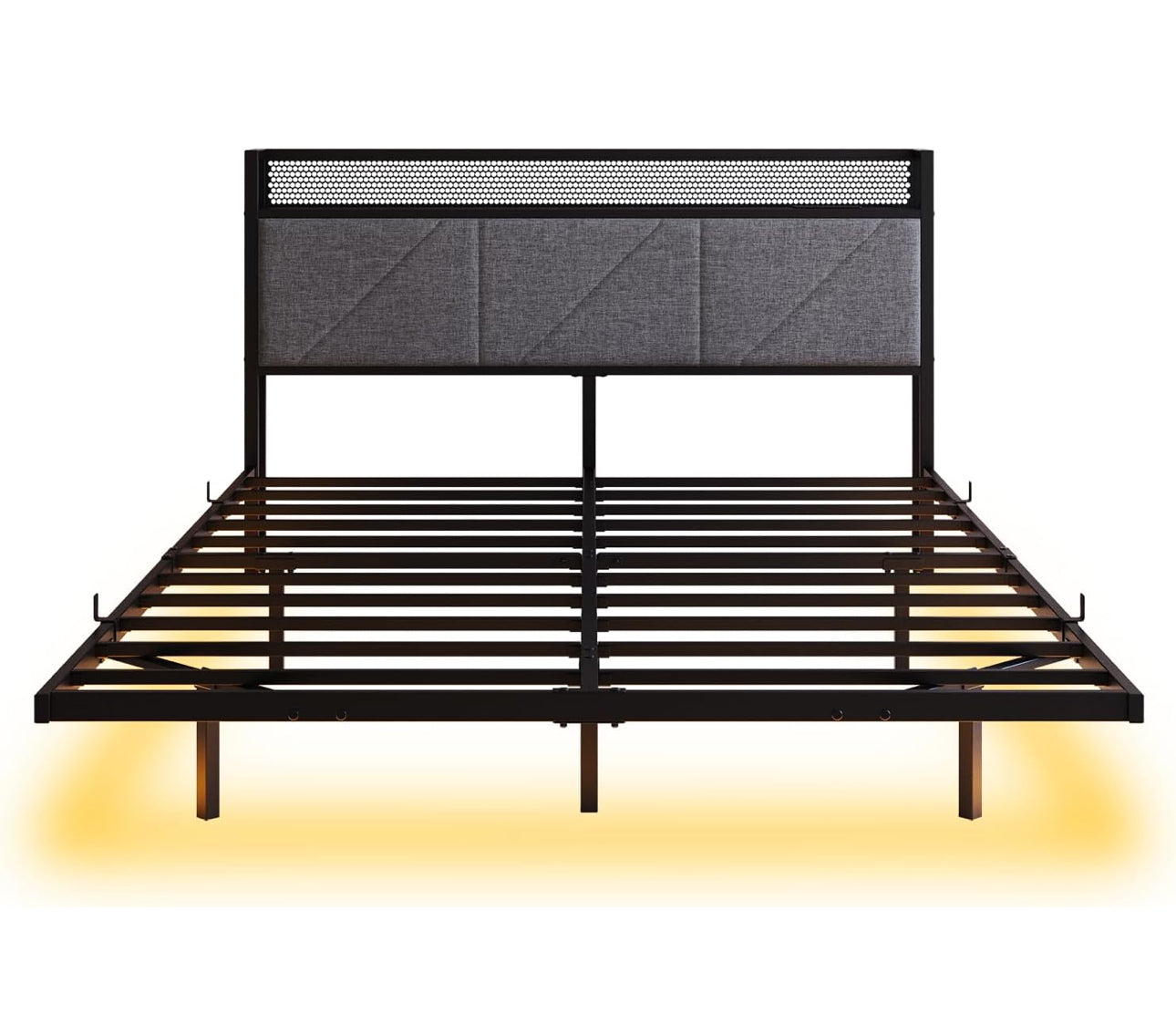 Floating Double Bed Frame with LED Lights & USB Charging Station, 135x190cm