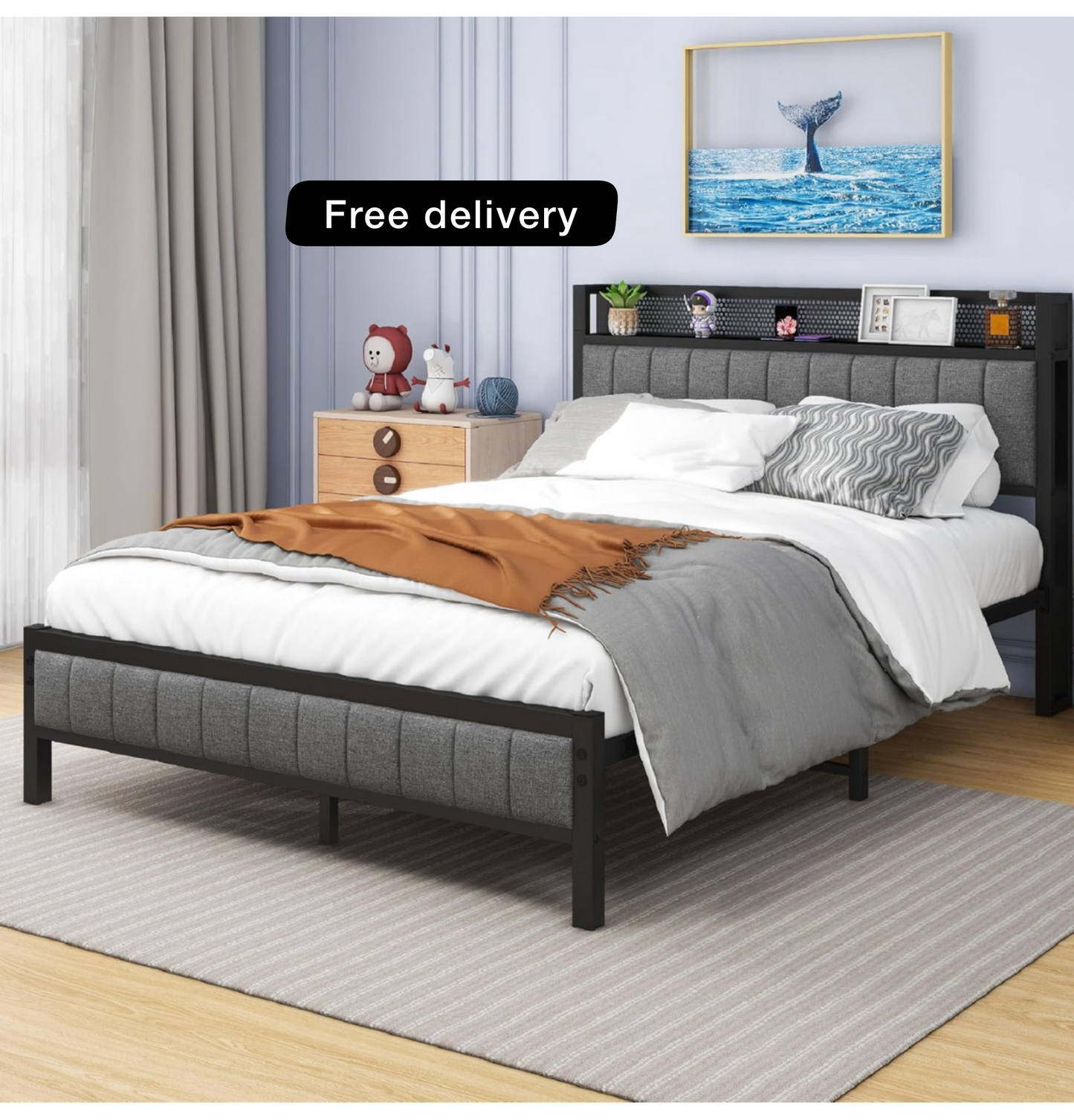 Double Bed Frame with Wooden Storage Headboard