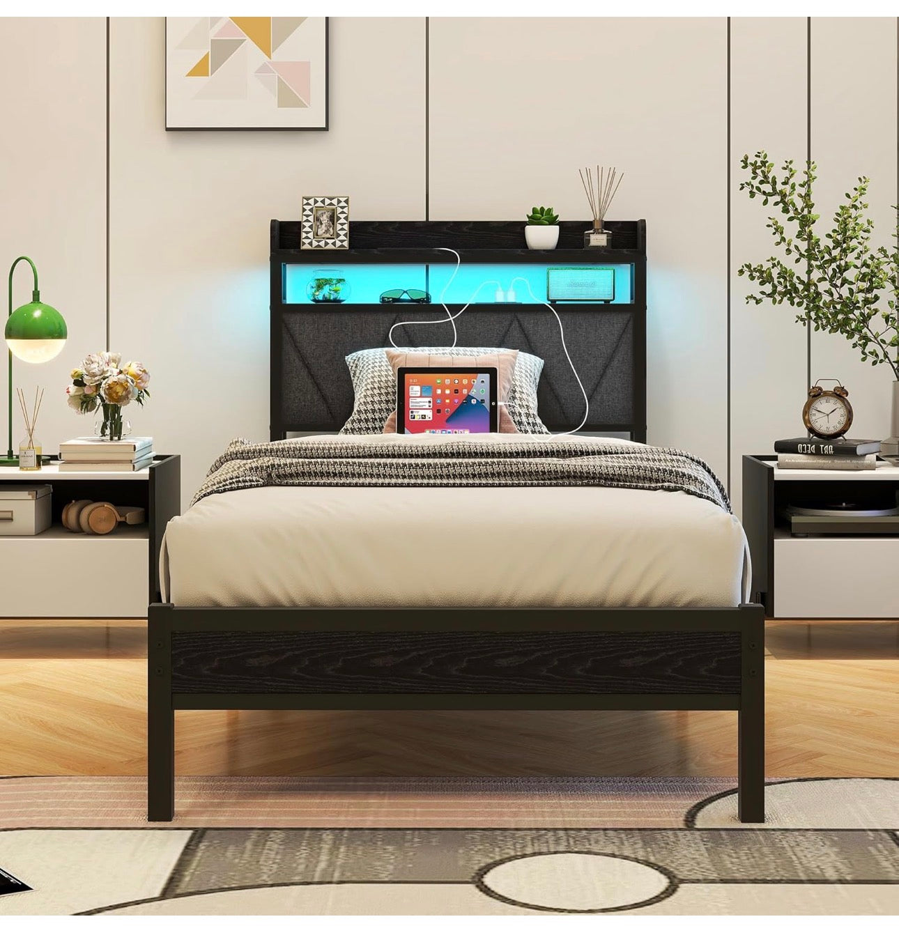 3ft Single Bed Frame with LED Lights Storage Upholstered Headboard and Charging Station