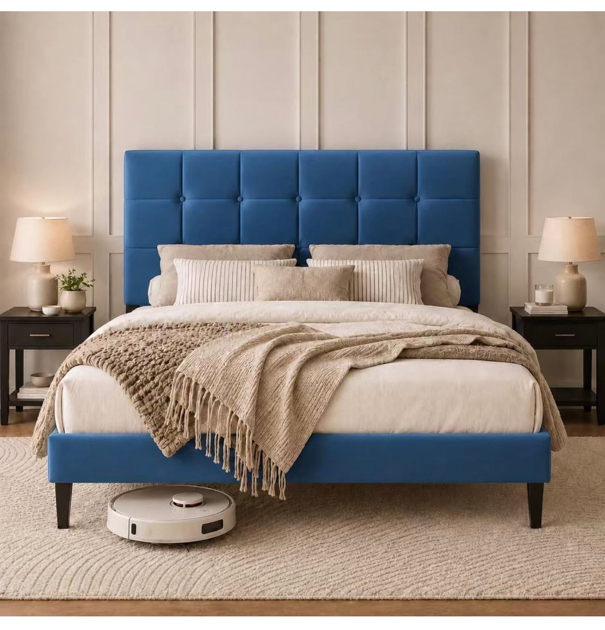 4ft Small Double Bed Frame with Velvet Upholstered Headboard, Blue
Upholstered, Solid slats Support, No Box Spring Needed, Easy Assembly,Underbed Storage,ideal for bedrooms, apartments