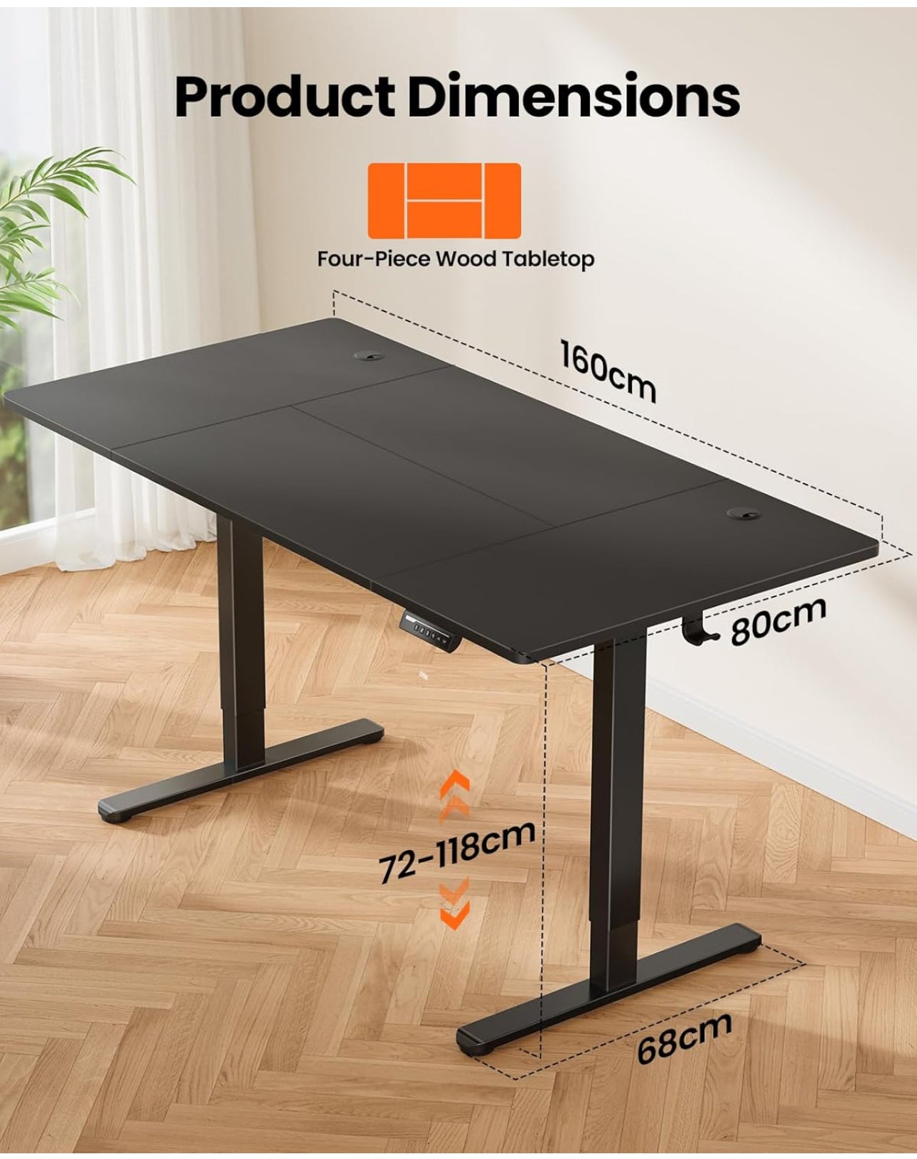 Electric Standing Desk Height Adjustable 160 x 80cm, Sit Stand Desk with 4 Memory Smart Pannel, Home Office Desk with Splice Board