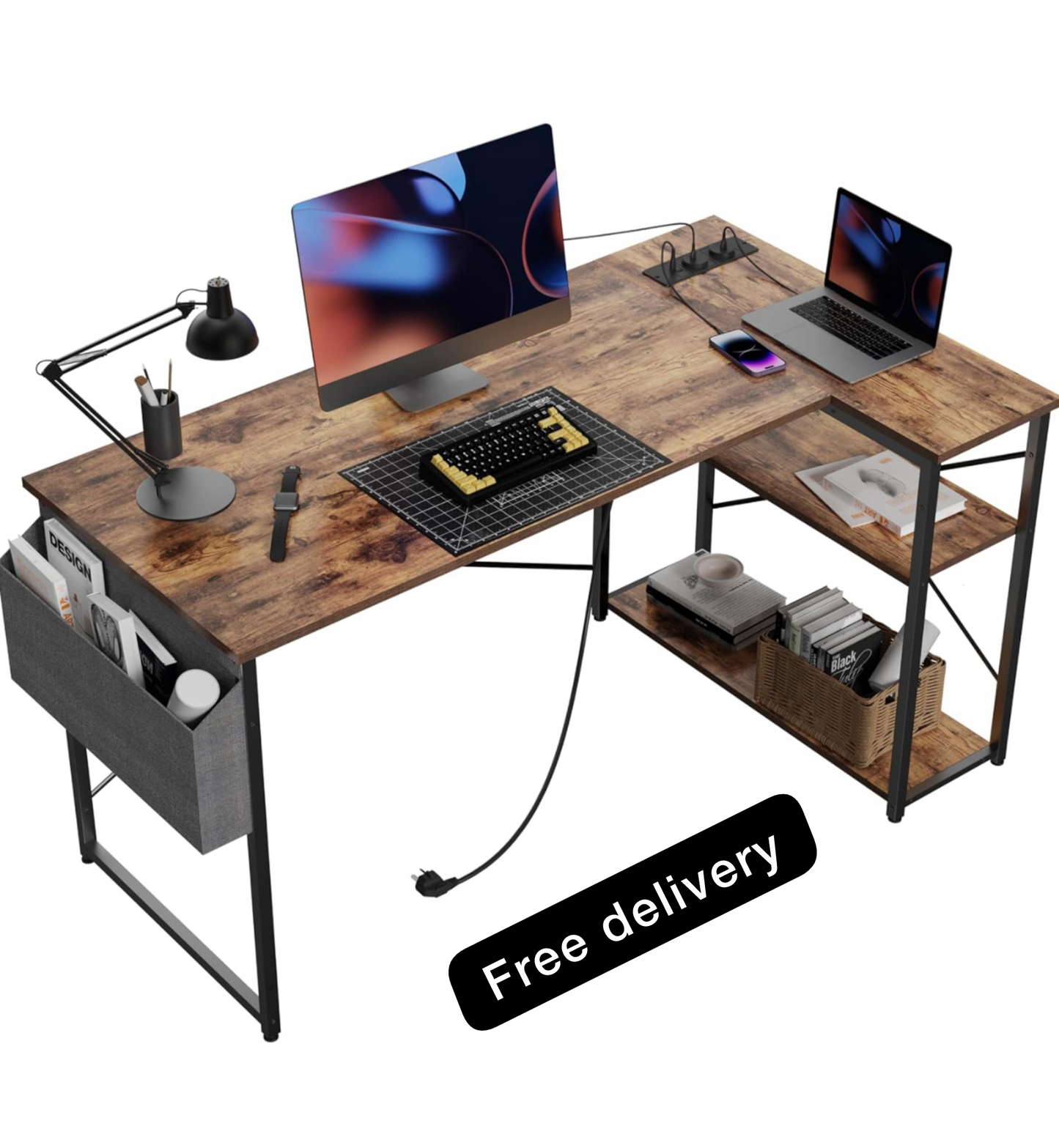 L Shaped Desk with Power Outlets - 120x70 cm