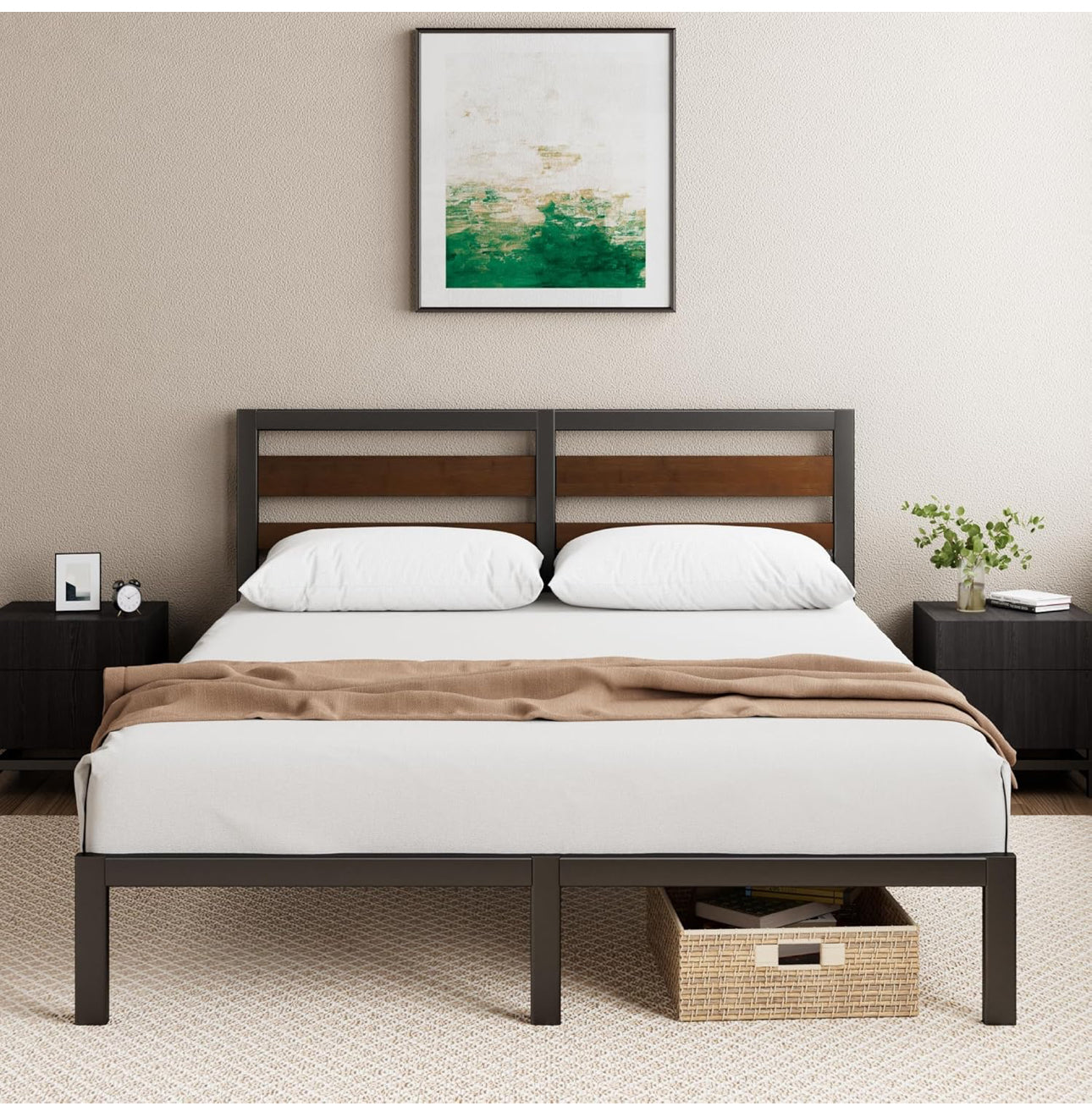 Double Bed Frame with Headboard (135 x 190 cm) – Bamboo and Metal Bed Frame with Steel Slat Support, Easy Assembly – Black & Brown