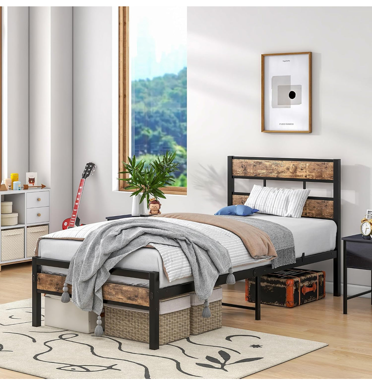 Single Bed Frame with Storage, Metal Bed Frame