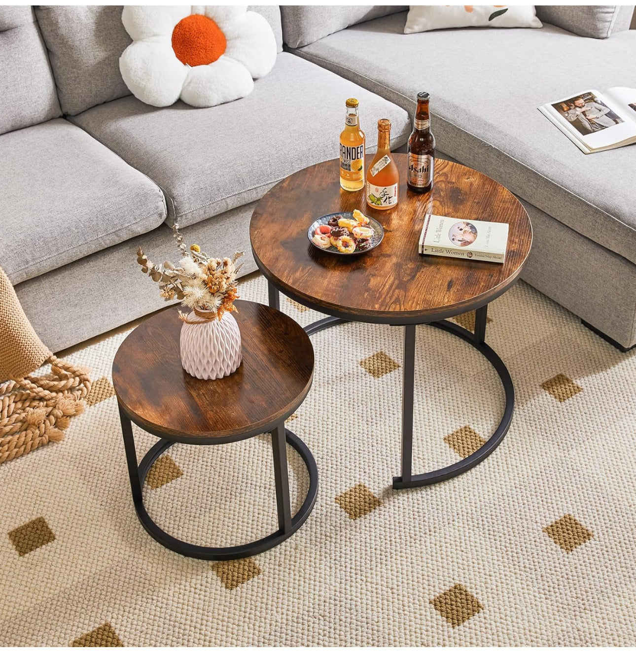 Round Nesting Table, Removable Set of 2 Coffee Tables