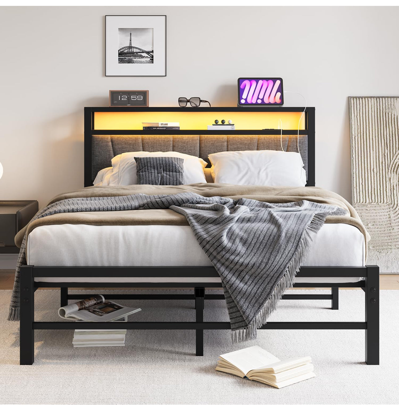Double Bed Frame with Storage and LED Lights
