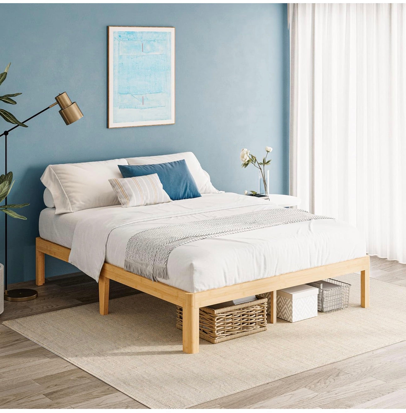 Bamboo Wood King Size Bed Frame with Metal Slats