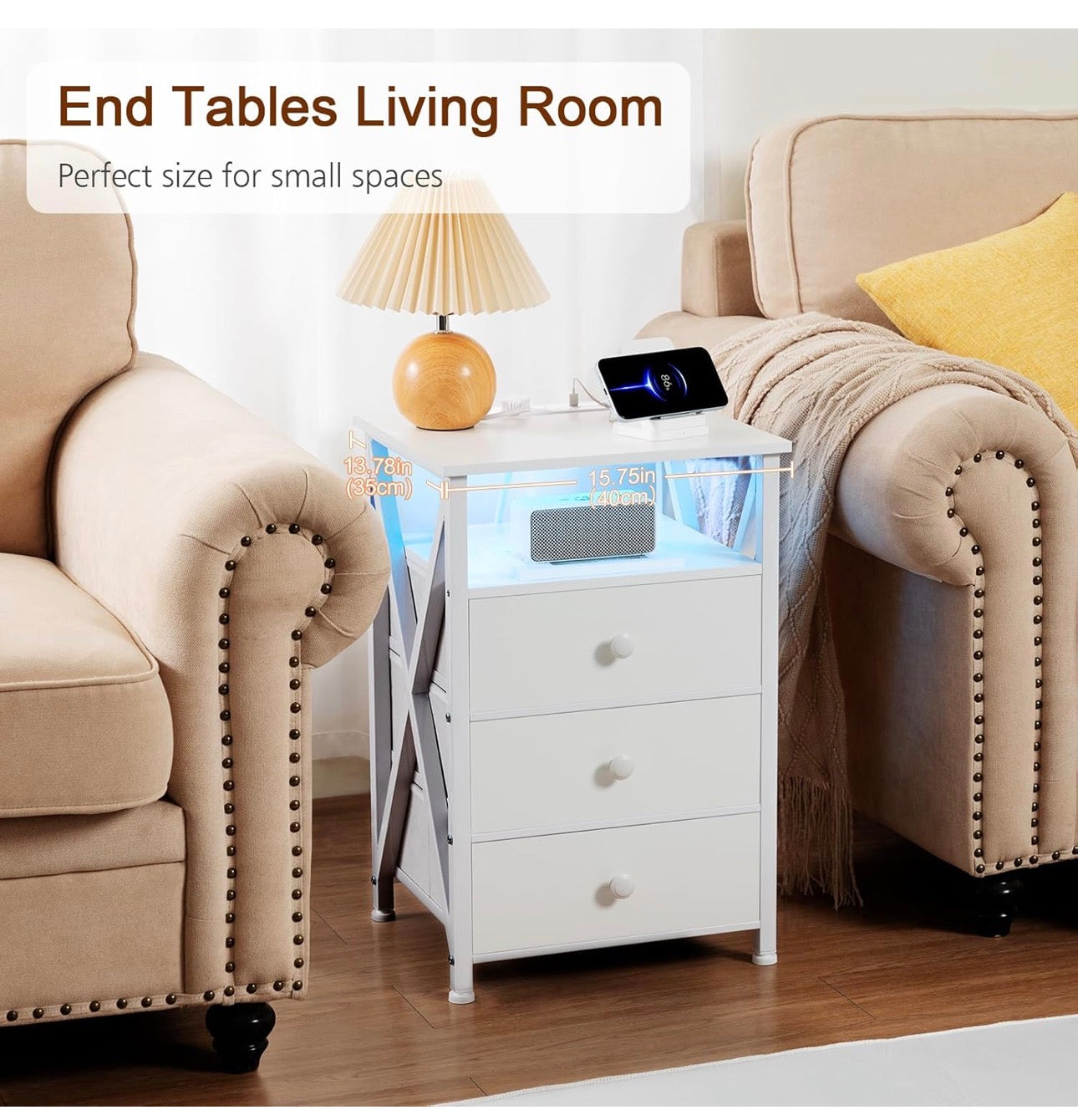 Bedside Table Set of 2 with Charging Station, Side Table with Led Lights, Bedside Cabinet with 3 Fabric Storage Drawers, End Table, Sofa Side Table, Nightstand for Living Room