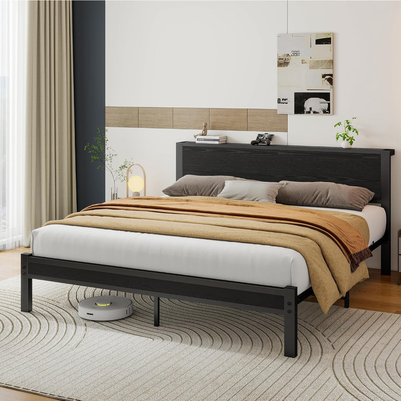 King Size Bed Frame with Storage Wooden Headboard